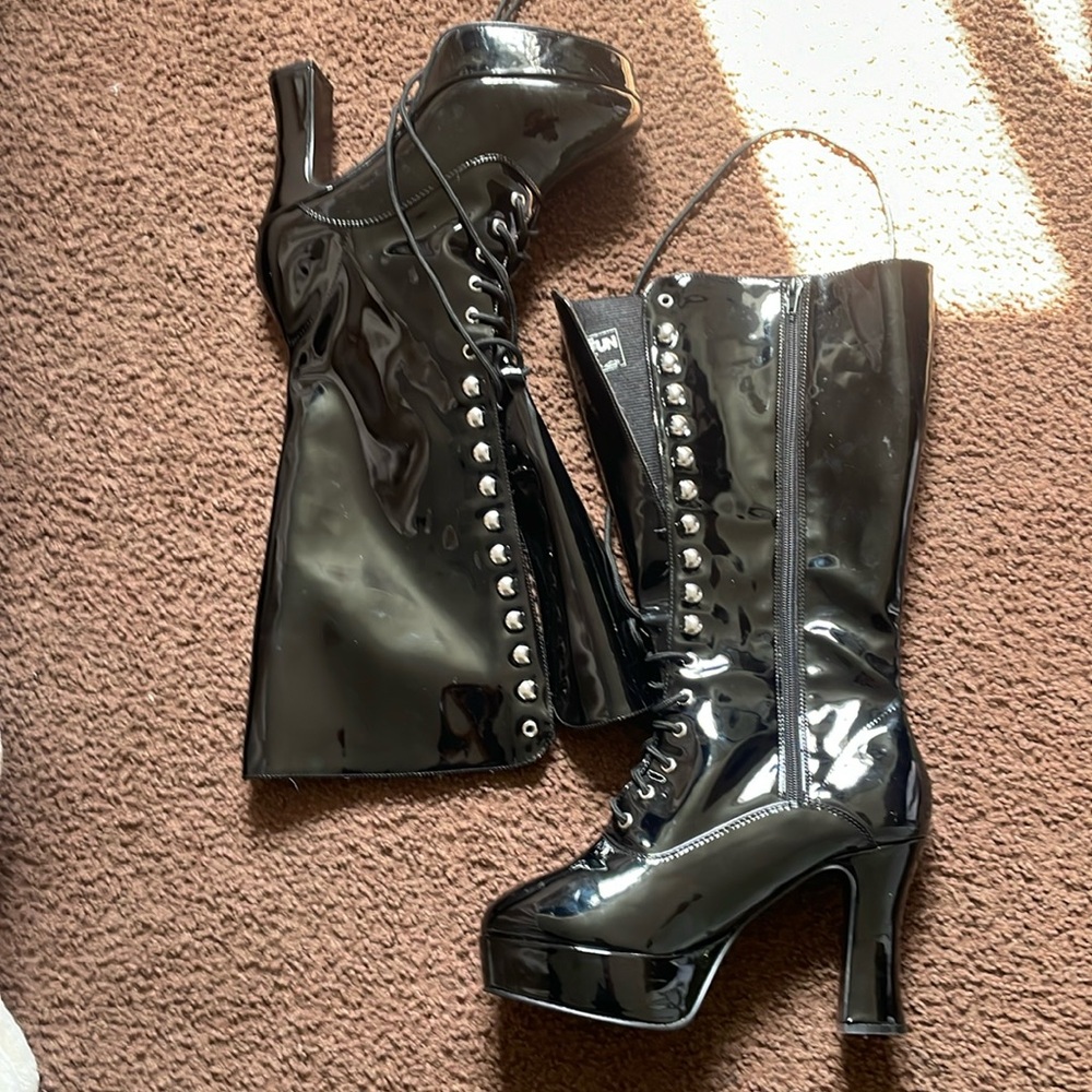 SXY heel faux latex wet zip strap boot